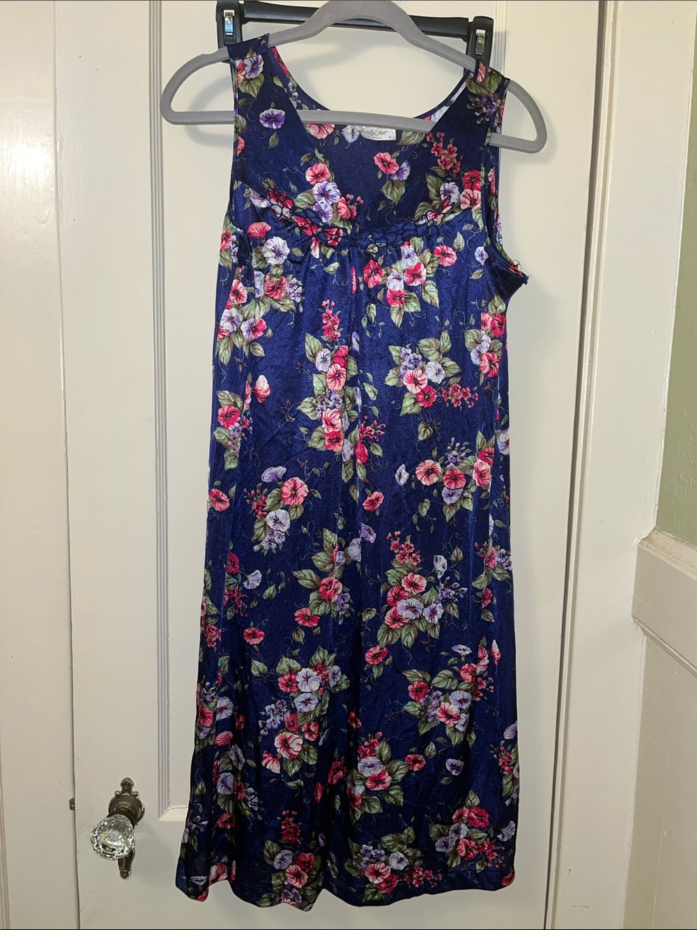 Vanity Fair Satin Navy Floral Sleeveless Nightgown